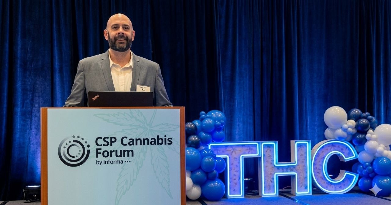 Chris Fontes speaking at the CSP Cannabis Forum, standing at a podium in front of illuminated THC letters